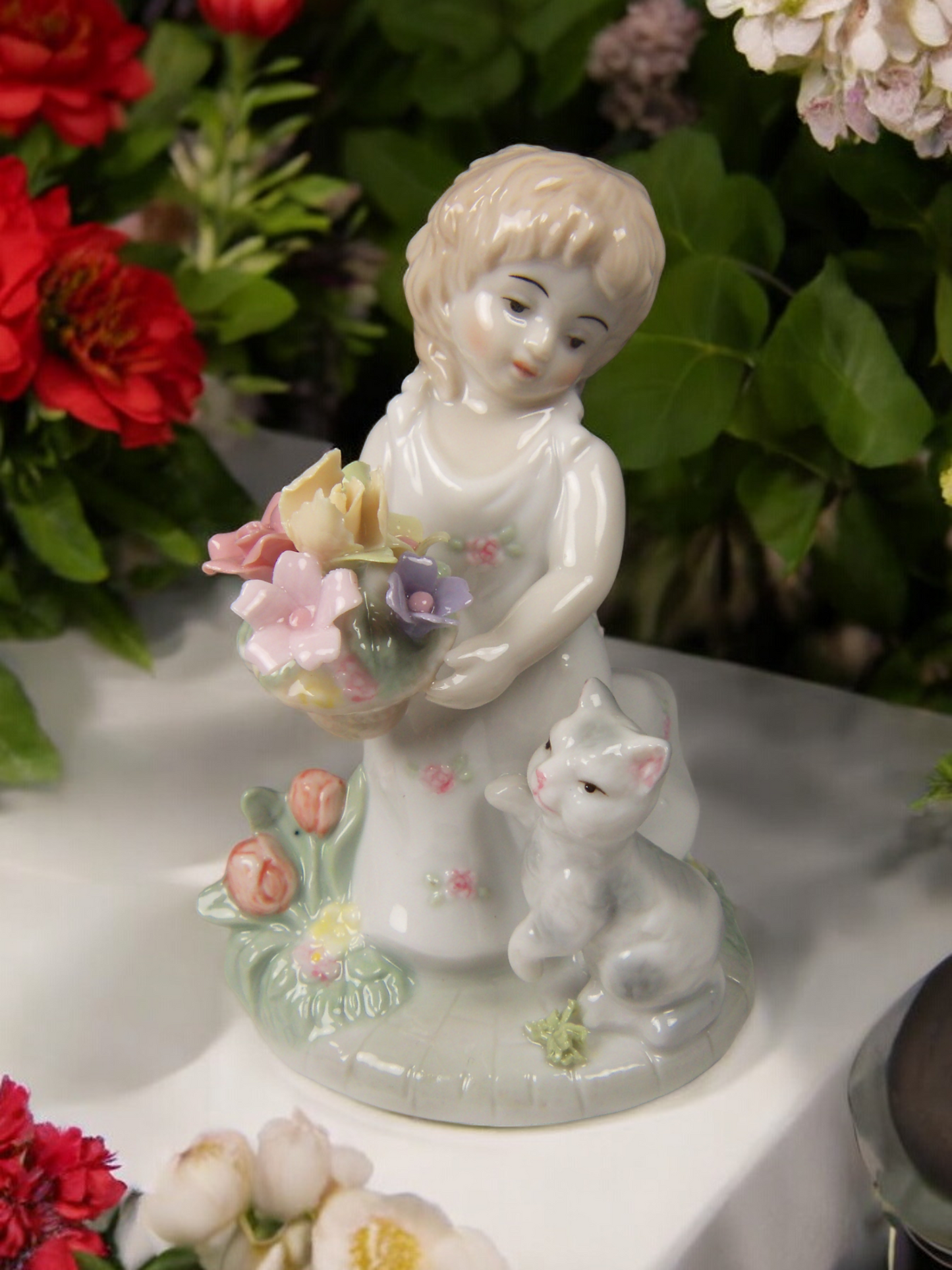 Ceramic Country Girl Holding Flowers Playing with a Cat Figurine Gift for Her Gift for Mom Cat Lover Gift Vintage Decor
