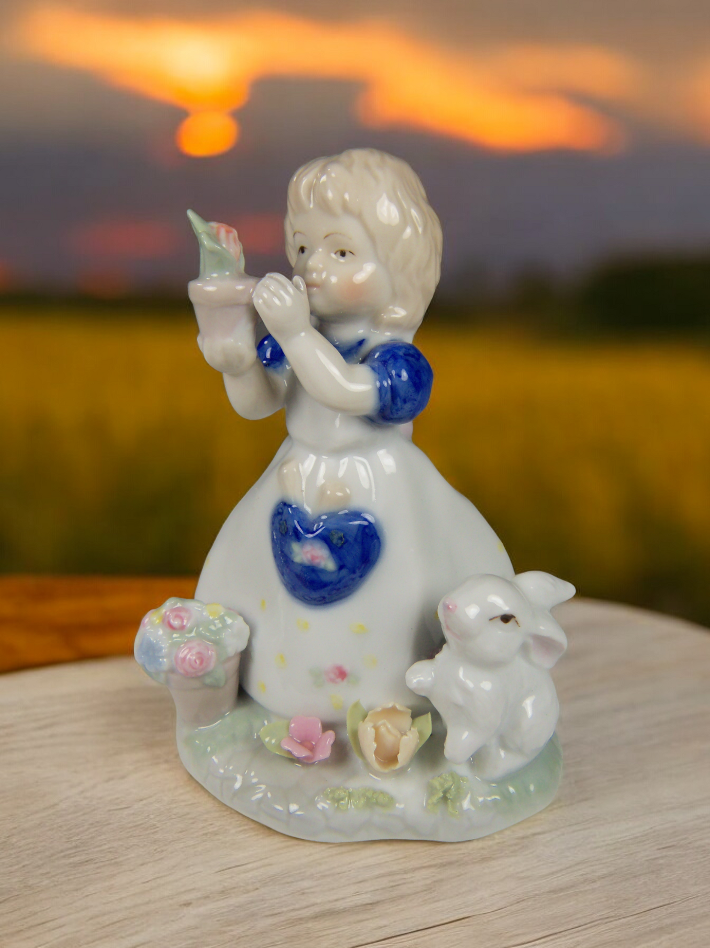 Ceramic Country Girl with Rabbit Figurine Gift for Her Gift for Mom Vintage Decor Spring Decor - Figurine