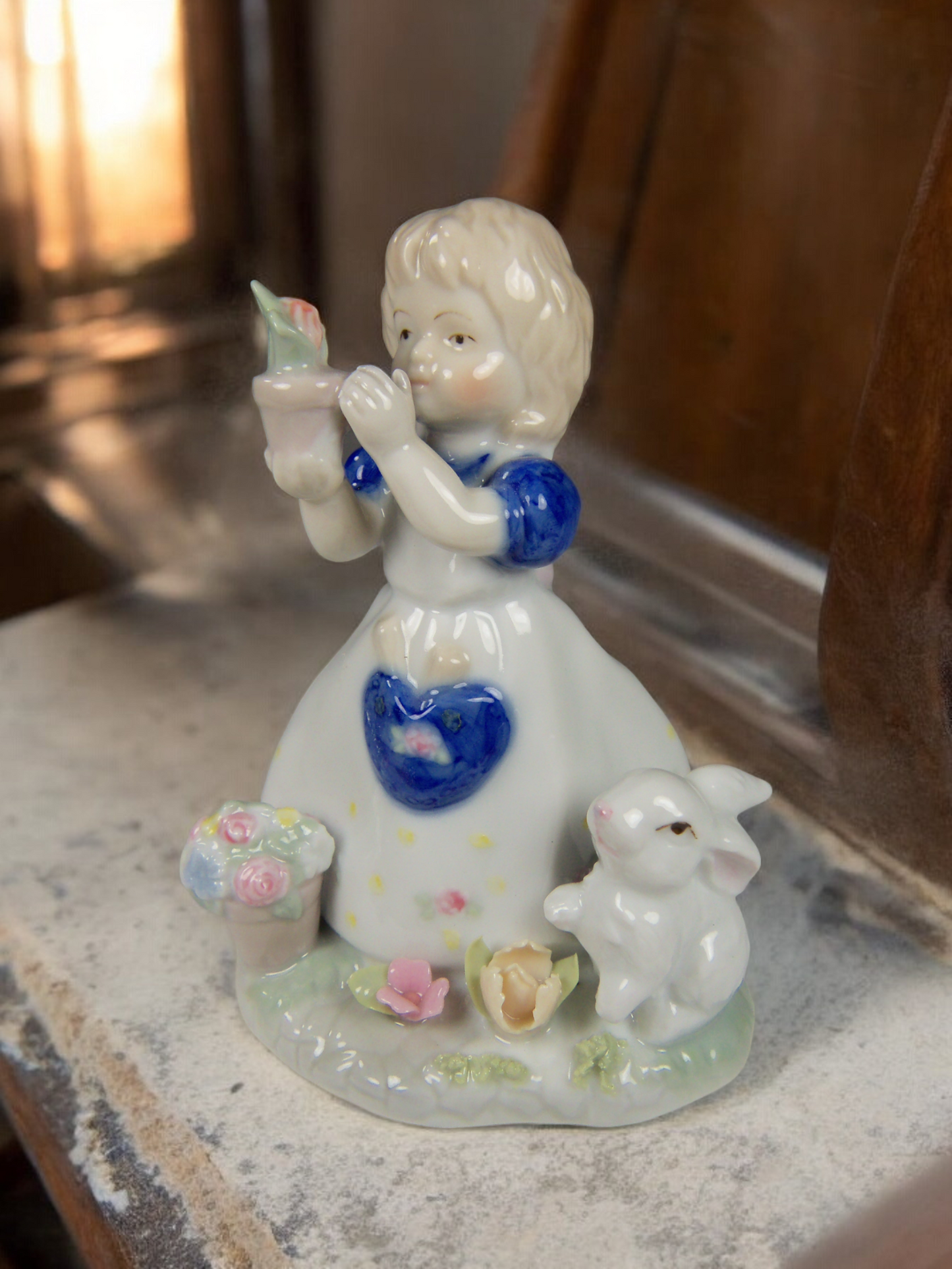 Ceramic Country Girl with Rabbit Figurine Gift for Her Gift for Mom Vintage Decor Spring Decor - Figurine