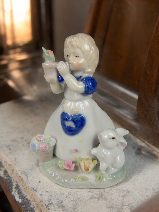 Ceramic Country Girl with Rabbit Figurine Gift for Her Gift for Mom Vintage Decor Spring Decor - Figurine