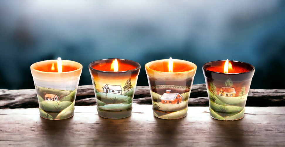 Ceramic Country Scene Votive Cups-Assorted Set of 4 Gift for Her Gift for Mom Farmhouse Decor Kitchen Decor Bathroom