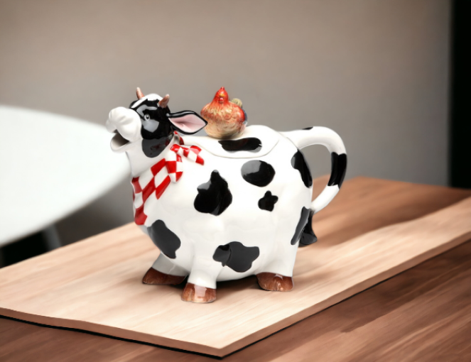 Ceramic Cow Teapot with Mini Rooster Gift for Her Gift for Mom Tea Party Décor Café Décor Farmhouse Decor - teapot
