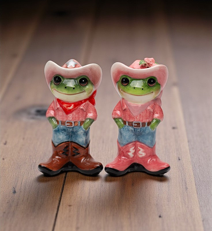 Ceramic Cowboy and Cowgirl Frog Salt and Pepper Shakers Frog Lover Gift Farmhouse Kitchen Decor Gift for Her - Salt &