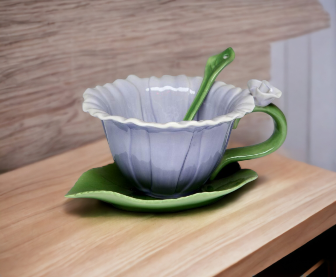 Ceramic Dahlia Flower Cup and Saucer and Spoon-1 Set Gift for Her Gift for Mom Gift for Friend or Coworker Tea Party