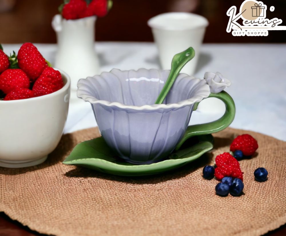 Ceramic Dahlia Flower Cup and Saucer and Spoon-1 Set Gift for Her Gift for Mom Gift for Friend or Coworker Tea Party