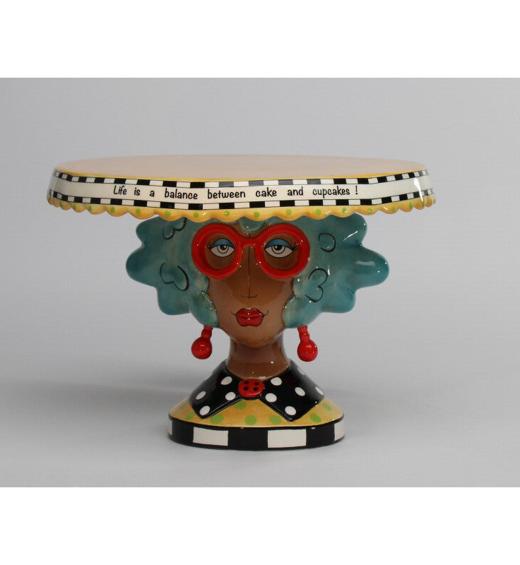 Ceramic Dollymama African American Blue Hair Lady Cake Stand Party Decor Gift for Her Cupcake Stand Birthday Cake Stand