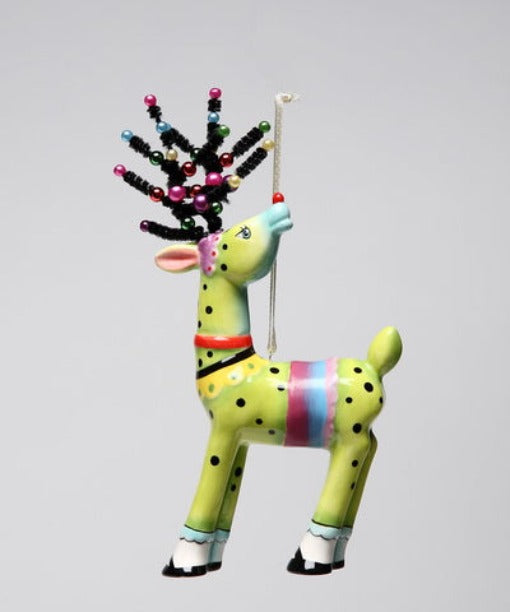 Ceramic Dotted Deer In Green with Beaded Antlers Ornament - Home Décor Gift for Her Gift for Mom Kitchen Décor