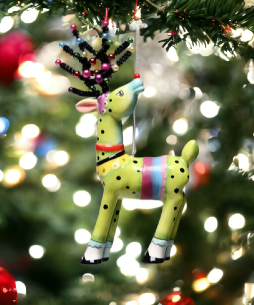 Ceramic Dotted Deer In Green with Beaded Antlers Ornament - Home Décor Gift for Her Gift for Mom Kitchen Décor