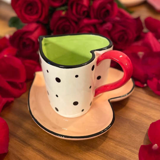 Ceramic Dotted Heart Shaped Cup & Saucer Gift for Her Gift for Mom Gift for Friend or Coworker Tea Party Décor Café