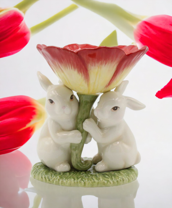 Ceramic Easter Bunnies Holding Red Flower T-Light Candle Holder Home Décor Gift for Her Gift for Mom Kitchen Décor