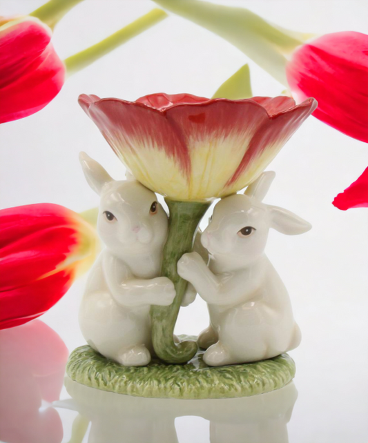 Ceramic Easter Bunnies Holding Red Flower T-Light Candle Holder Home Décor Gift for Her Gift for Mom Kitchen Décor