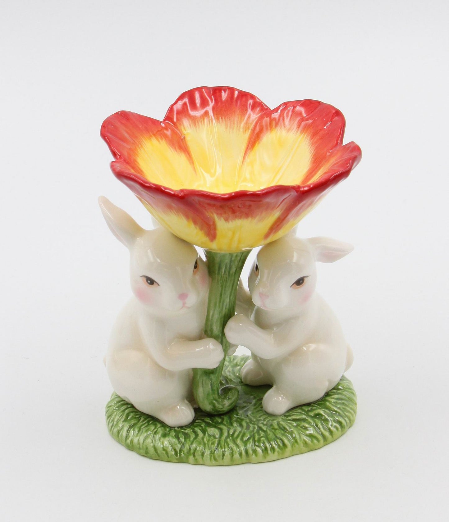 Ceramic Easter Bunnies Holding Red Flower T-Light Candle Holder Home Décor Gift for Her Gift for Mom Kitchen Décor