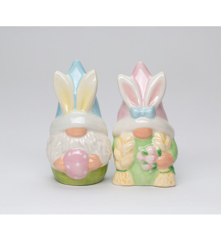 Ceramic Easter Bunny Gnome Holding Egg Salt and Pepper Shakers Easter Decor Fairy Garden Decor Spring Decor Gnome