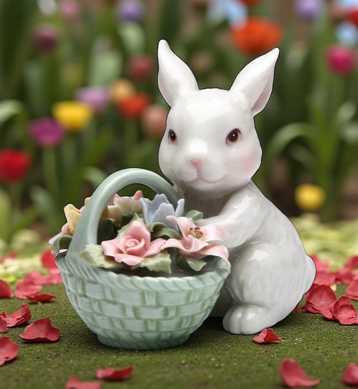 Ceramic Easter Bunny Rabbit With Flower Basket Figurine Home Décor Gift for Her Gift for Mom Spring Decor - Figurines