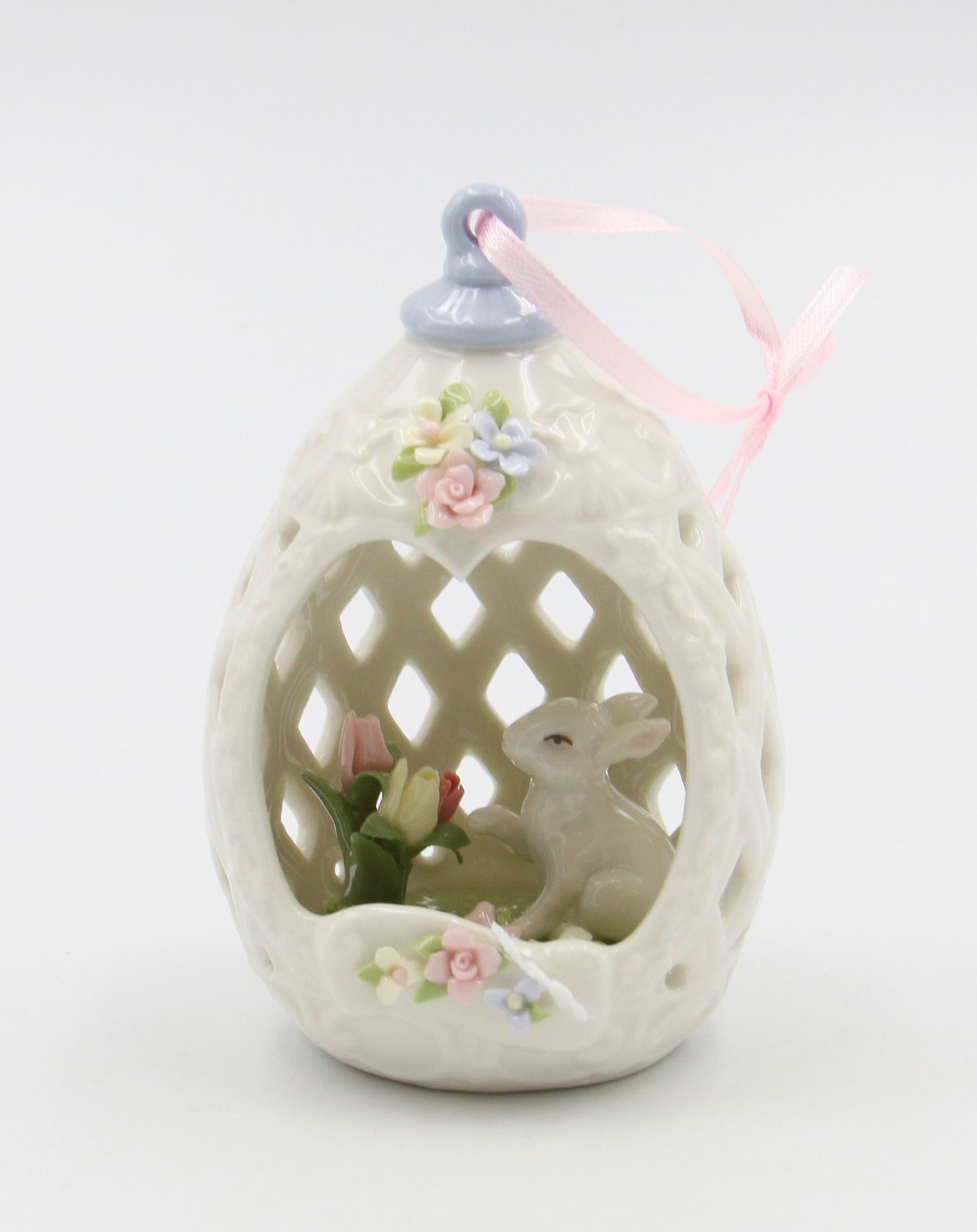 Ceramic Easter Bunny Rabbit with Tulip Flowers In Carved Egg Ornament Gift for Her Gift for Mom Kitchen Décor Spring