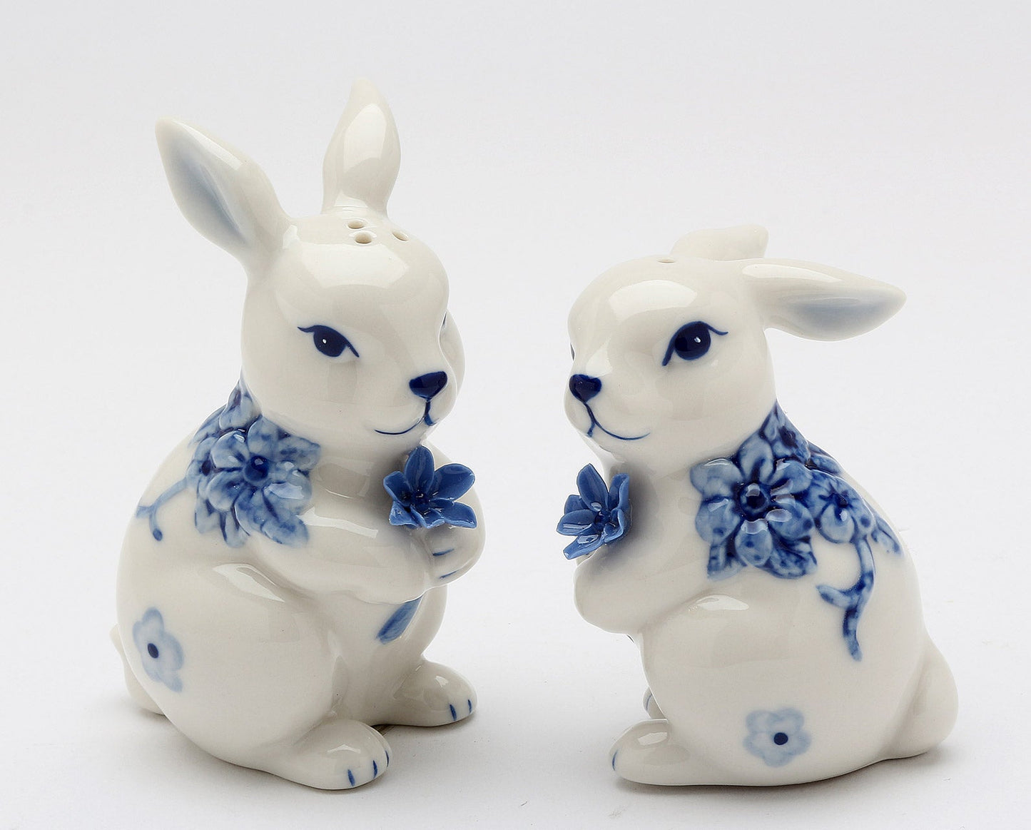 Ceramic Easter Bunny Rabbits with Blue Flowers Salt and Pepper Shakers Gift for Her or Mom Kitchen Décor Spring