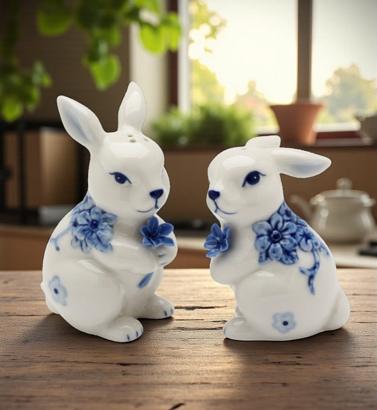 Ceramic Easter Bunny Rabbits with Blue Flowers Salt and Pepper Shakers Gift for Her or Mom Kitchen Décor Spring