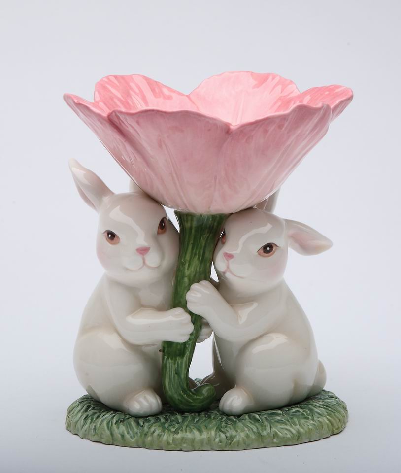 Easter Bunnies Holding Up Flower Tealight Holder - kevinsgiftshoppe