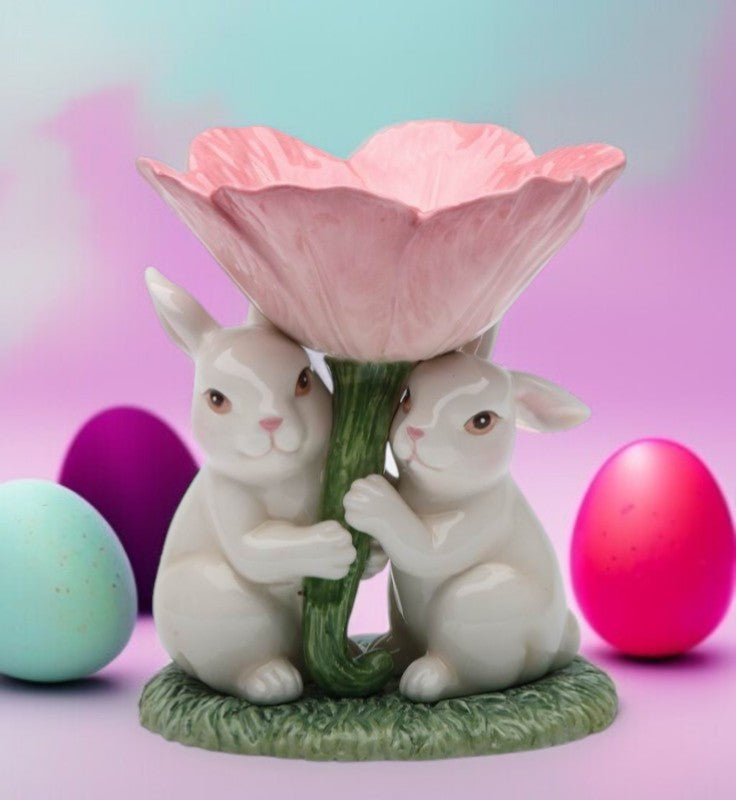 Ceramic Easter Bunny Rabbits with Pink Flower Candle Holder Gift for Her Gift for Mom Kitchen Décor Spring Décor Easter