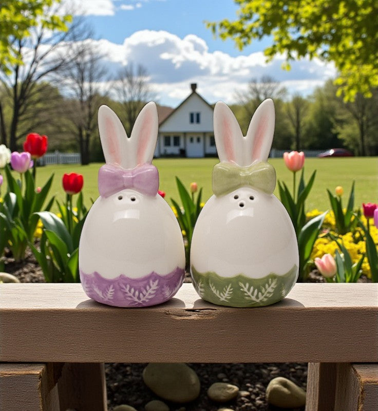 Ceramic Easter Egg Shaped Bunny Rabbit Ears Salt and Pepper Shakers Spring Decor Easter Decor Gift for Her - Salt &