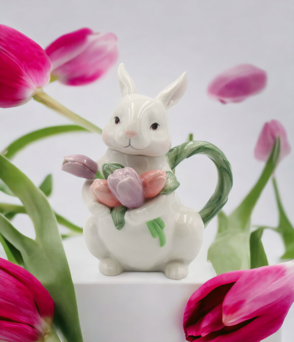 Ceramic Easter Rabbit with Tulip Flowers Teapot Gift for Her Gift for Mom Tea Party Décor Café Décor Spring Decor