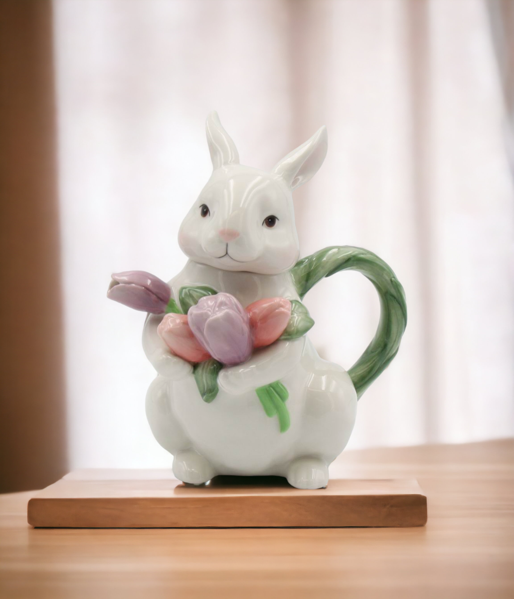 Ceramic Easter Rabbit with Tulip Flowers Teapot Gift for Her Gift for Mom Tea Party Décor Café Décor Spring Decor
