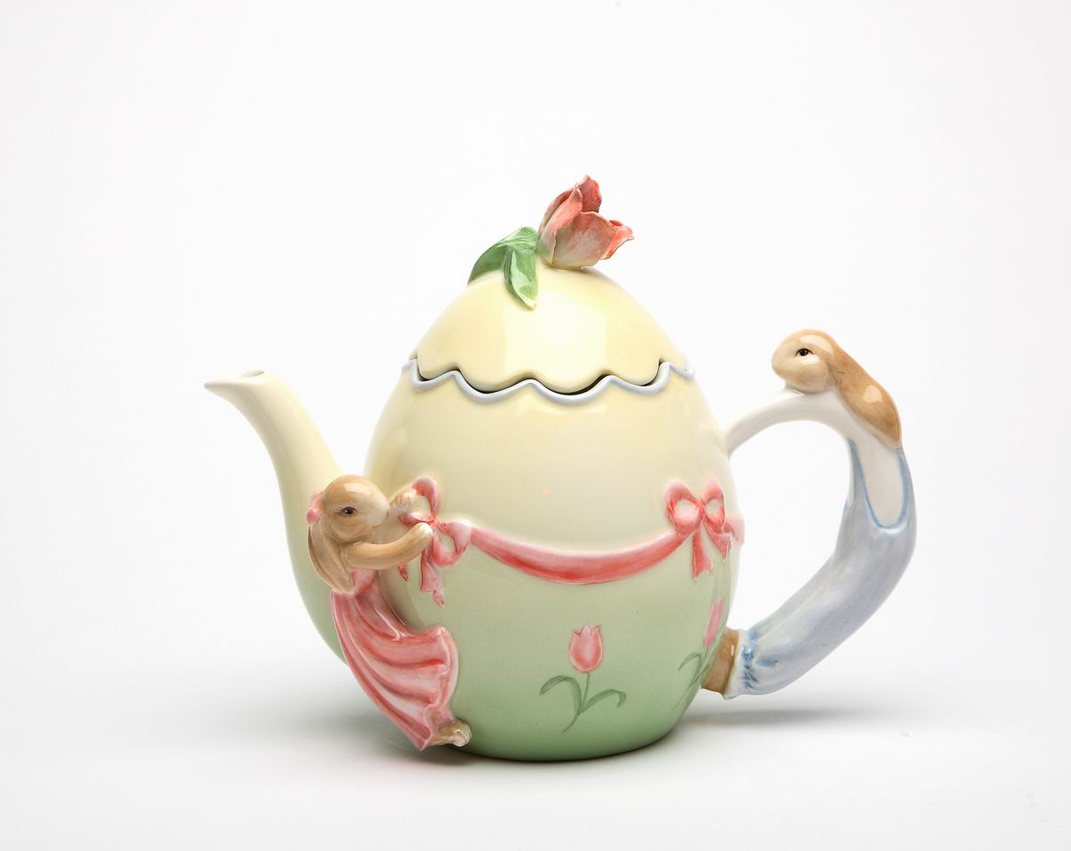 Ceramic Easter Rabbits Around Egg Shaped Teapot Gift for Her Gift for Mom Tea Party Décor Café Décor Spring Decor