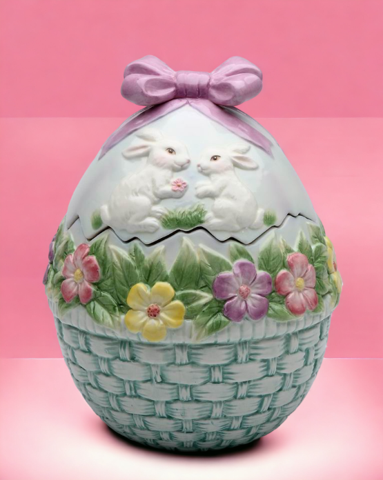 Ceramic Egg Shaped Cookie Jar with Bunny Rabbits and Flowers Gift for Her Gift for Mom Kitchen Décor Spring Décor
