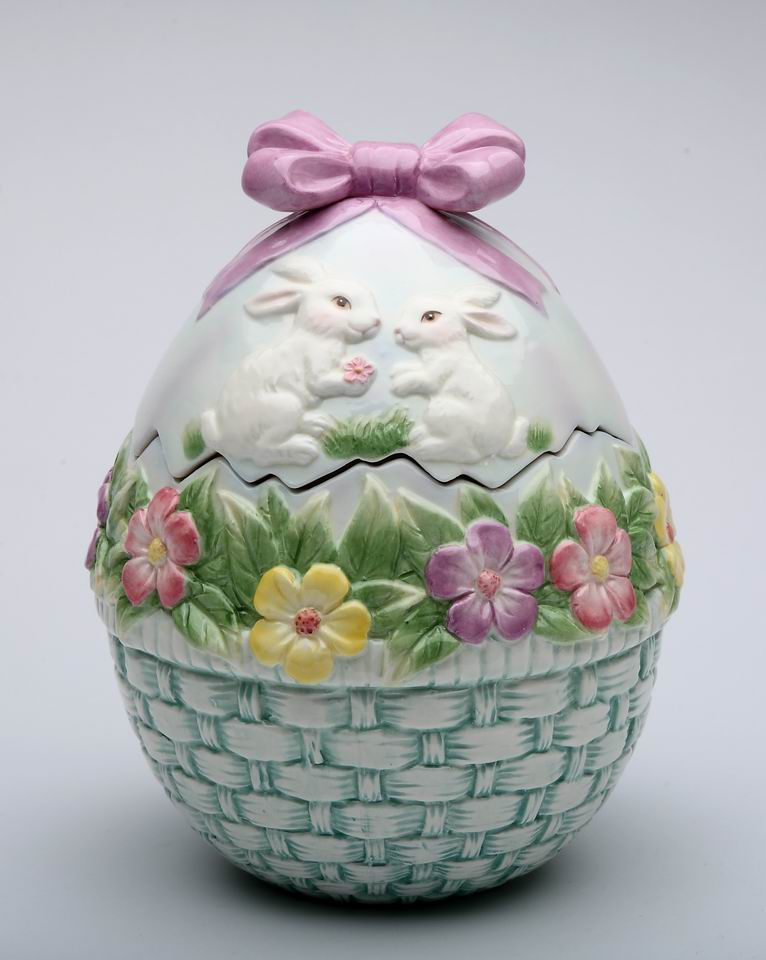 Ceramic Egg Shaped Cookie Jar with Bunny Rabbits and Flowers Gift for Her Gift for Mom Kitchen Décor Spring Décor