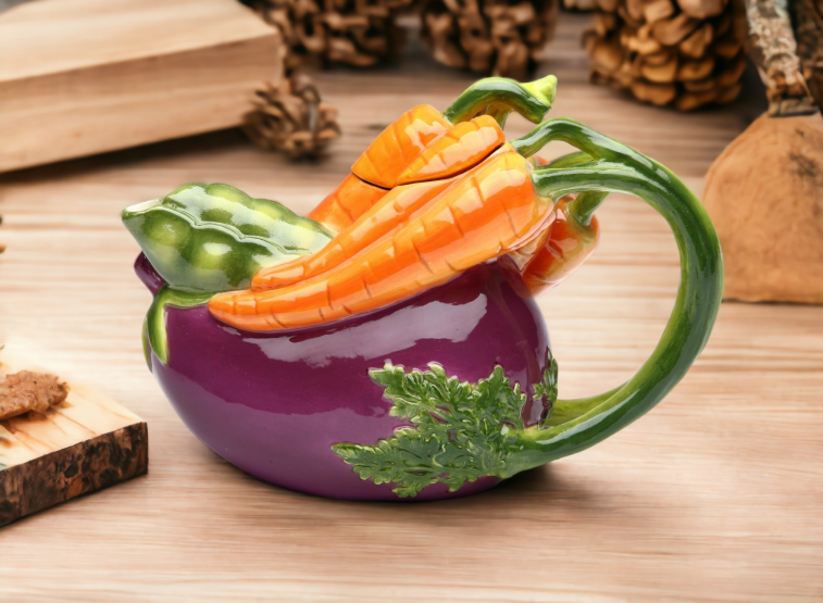 Ceramic Eggplant and Carrots Teapot Gift for Her Gift for Mom Tea Party Décor Café Décor Farmhouse Décor Kitchen Decor
