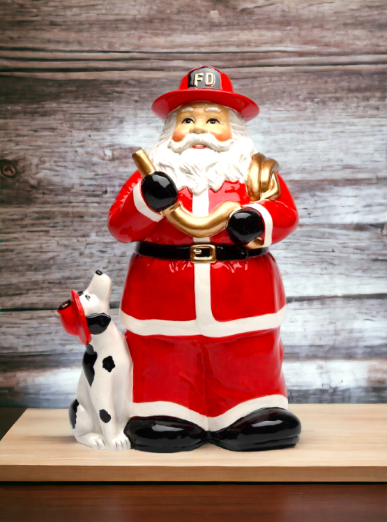Ceramic Fire Fighter Christmas Santa Cookie Jar Gift for Dad Mom Gift for Her Fire Station Decor Kitchen Décor