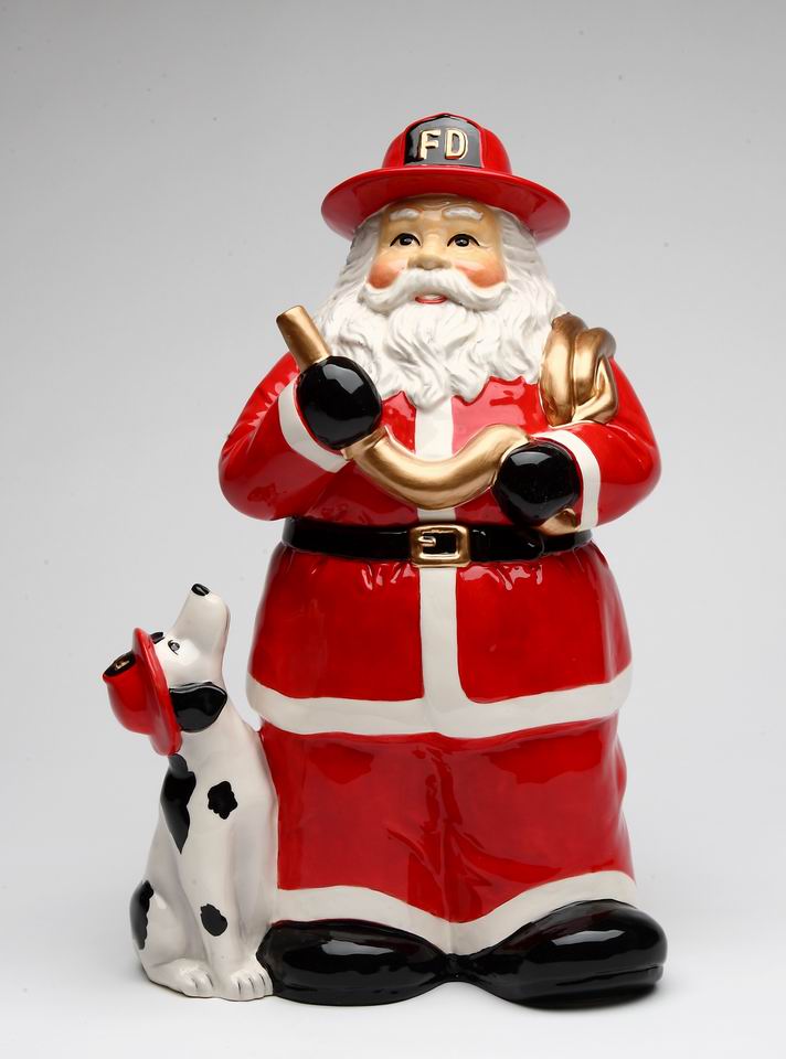 Ceramic Fire Fighter Christmas Santa Cookie Jar Gift for Dad Mom Gift for Her Fire Station Decor Kitchen Décor