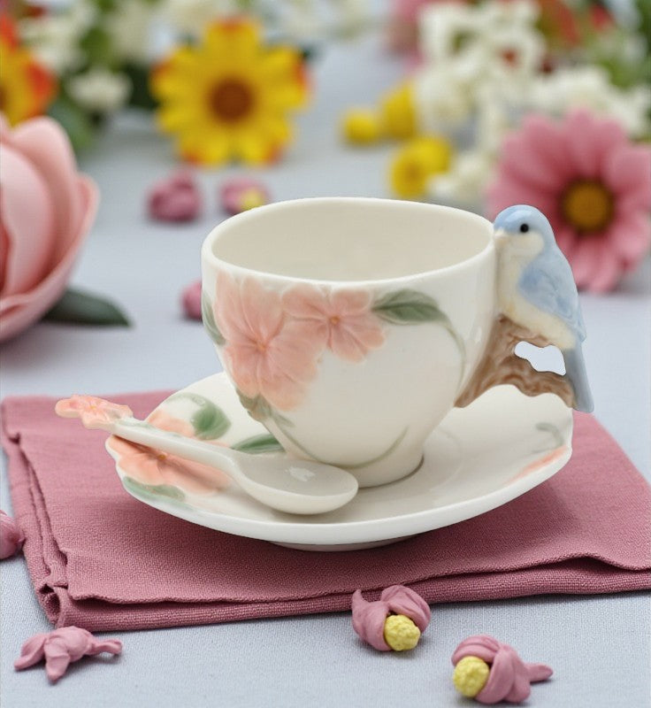Ceramic Flower with Bluebird Cup and Saucer and Spoon-2 Sets Gift for Mom Gift for Friend or Coworker Tea Party Décor