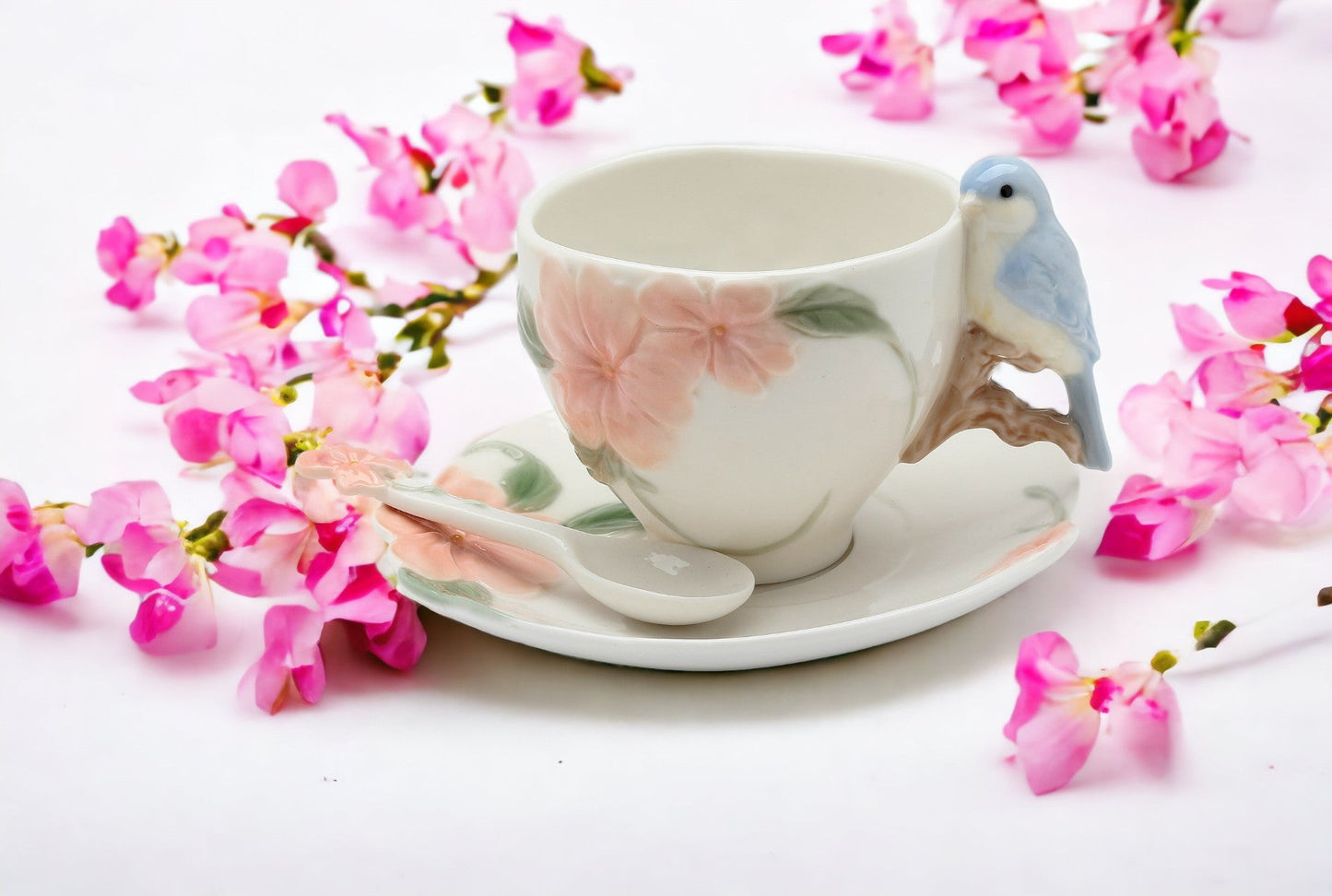 Ceramic Flower with Bluebird Cup and Saucer and Spoon-2 Sets Gift for Mom Gift for Friend or Coworker Tea Party Décor