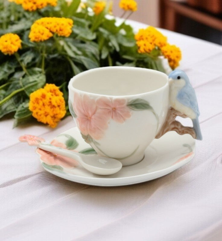 Ceramic Flower with Bluebird Cup and Saucer and Spoon-2 Sets Gift for Mom Gift for Friend or Coworker Tea Party Décor