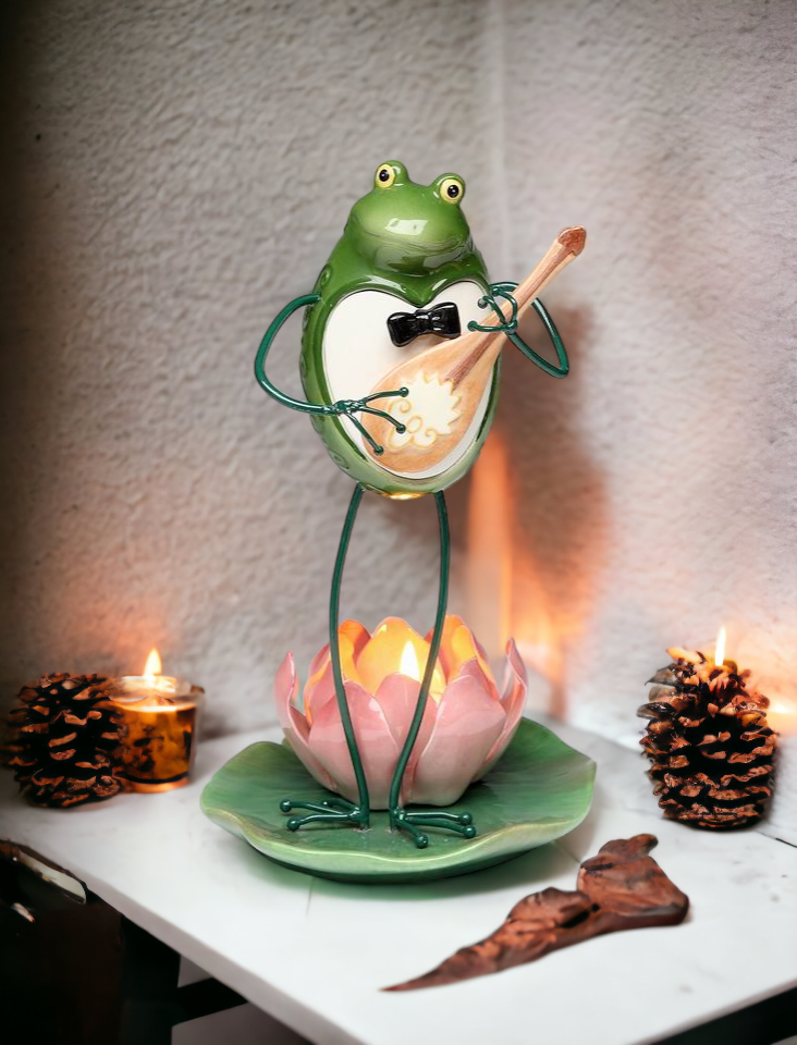 Ceramic Frog Playing Banjo Tealight Candle Holder Home Décor Gift for Her Mom Spring Décor Cottagecore Nature Lover