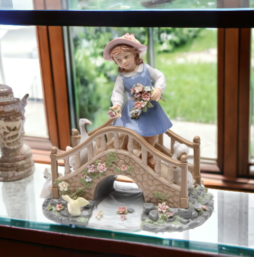 Ceramic Girl Feeding Ducks On Bridge Music Box Home Décor Gift for Her Gift for Mom Farmhouse Decor - Music Boxes