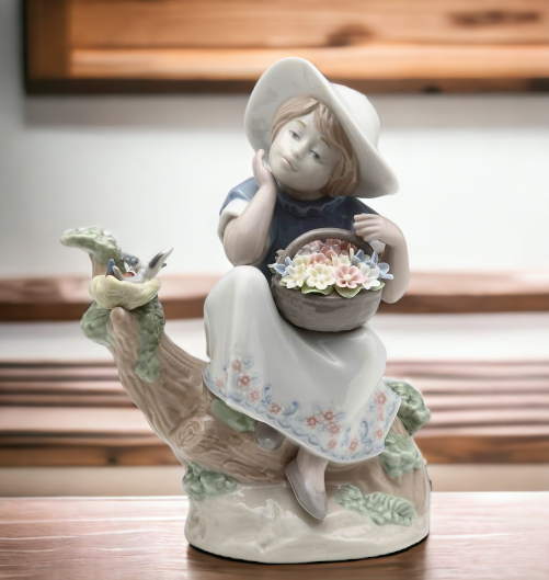 Ceramic Girl with Flower Basket Daydreaming Figurine Home Décor Gift for Her Mom Farmhouse Kitchen Décor Vintage Decor