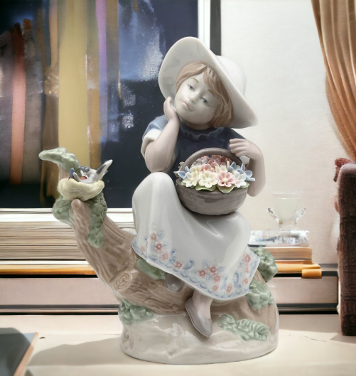 Ceramic Girl with Flower Basket Daydreaming Figurine Home Décor Gift for Her Mom Farmhouse Kitchen Décor Vintage Decor