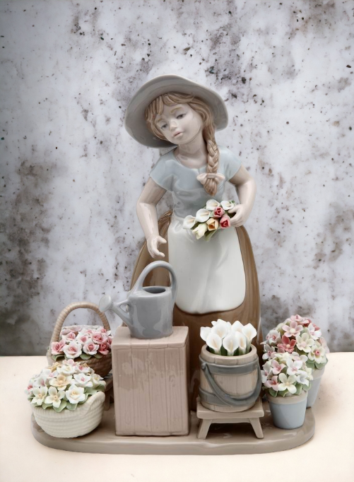 Ceramic Girl with Flower Baskets Figurine Home Décor Gift for Her Mom Farmhouse Kitchen Décor Vintage Decor - Figurine