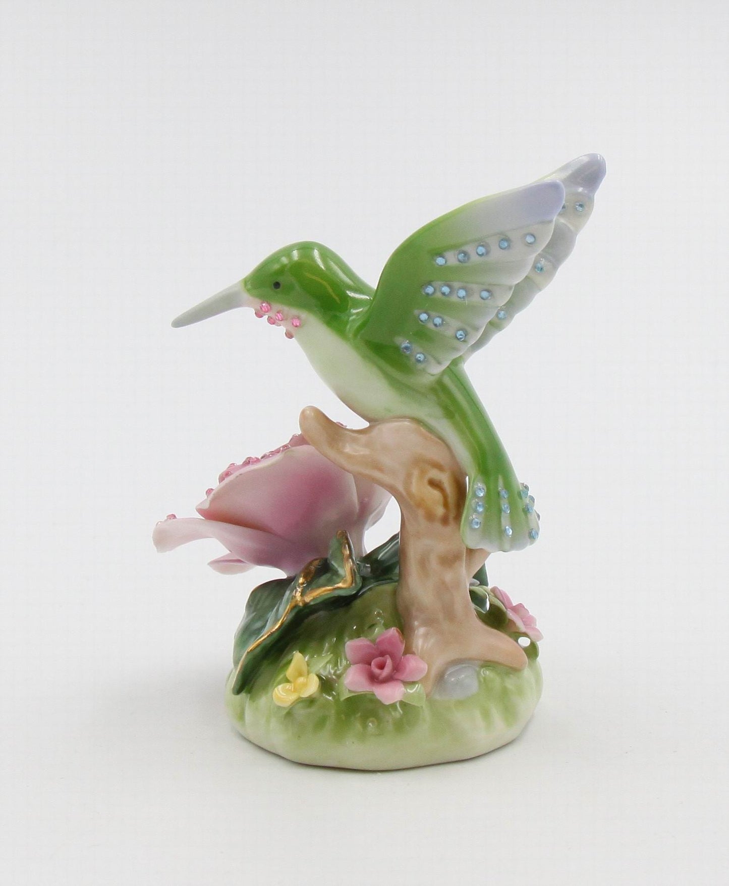 Ceramic Glittering Hummingbird With Pink Rose Flower Figurine Home Décor Gift for Her Gift for Mom Nature Lover Décor