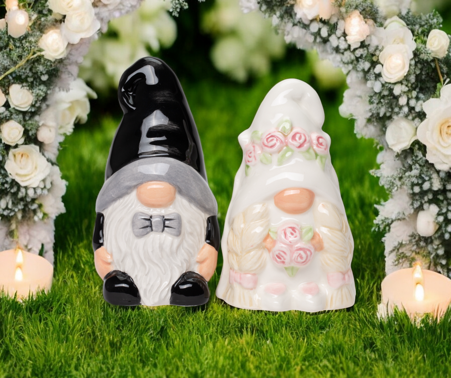Ceramic Gnome Bride and Groom Salt and Pepper Shakers Wedding Decor Wedding Gift Fairy Garden Decor Gnome Collector