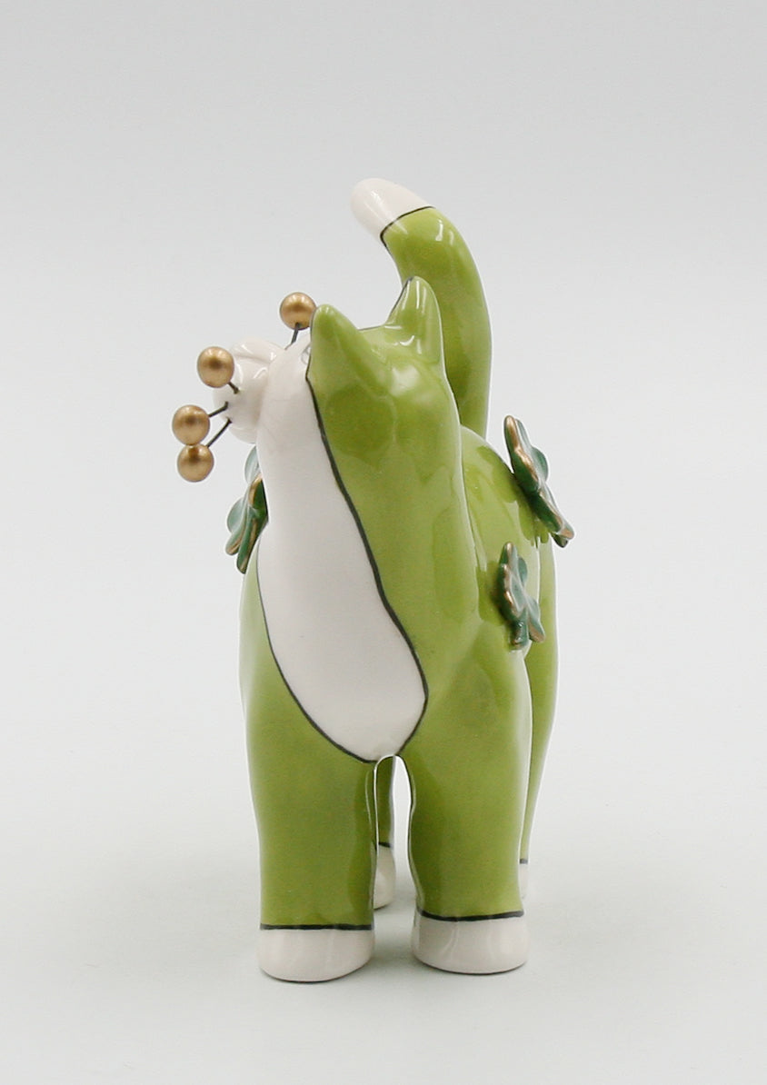 Ceramic Green Cat with Shamrocks and Golden Bead Whiskers Figurine Home Décor Gift for Her Gift for Mom Irish Saint