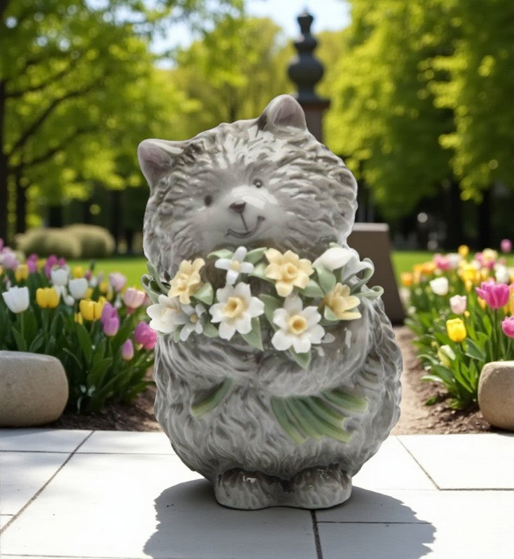 Ceramic Grey Cat with Flowers Figurine Cat Lover Gift Gift for Her Gift for Mom Home Decor - Figurine