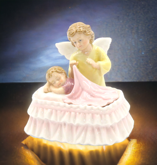 Ceramic Guardian Angel Watching Over Baby Music Box Baptism Gift Nursery Room Decor Baby Shower Gift Religious Decor