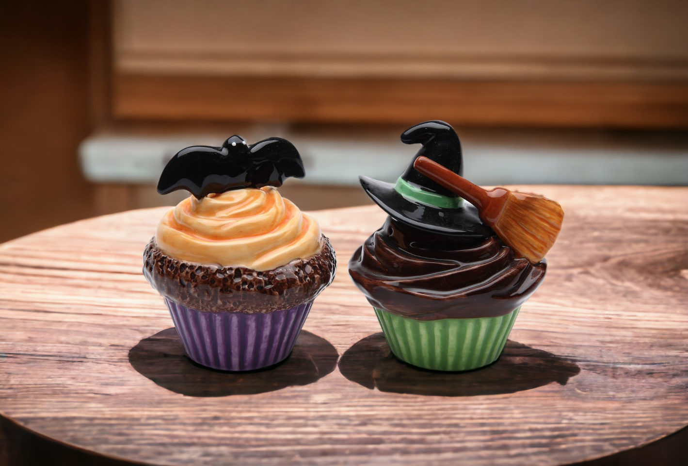 Ceramic Halloween Decor Bat & Witch Hat Cupcake Salt & Pepper Home Décor Gift for Her Mom Kitchen Décor Fall Décor