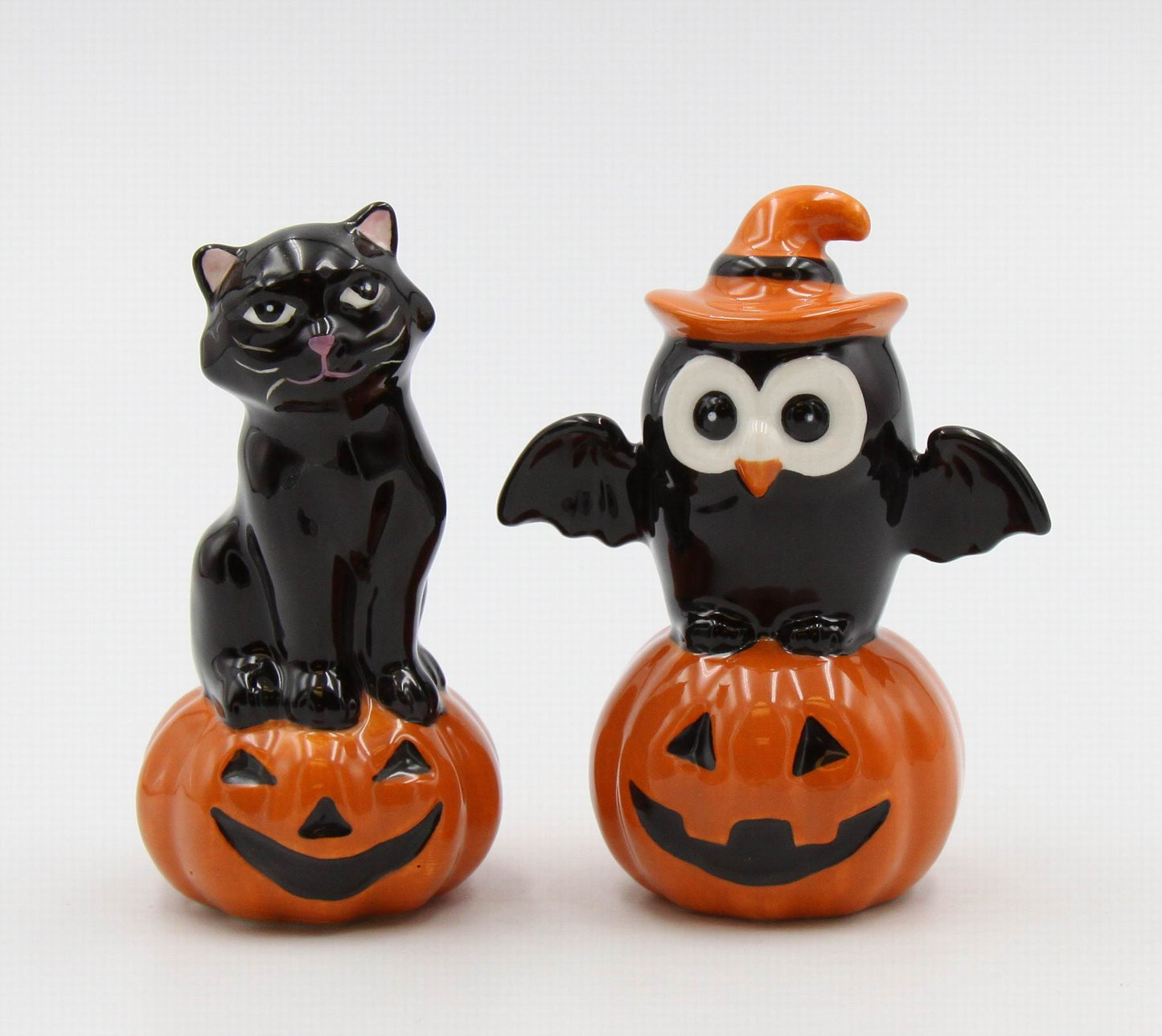 Halloween Decor Black Owl And Black Cat On Pumpkin Salt And Pepper Shakers - kevinsgiftshoppe