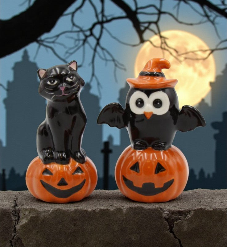 Ceramic Halloween Decor Black Owl And Black Cat On Pumpkin Salt And Pepper Home Décor Gift for Her Mom Kitchen Décor