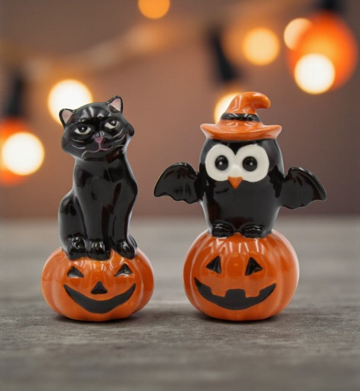 Ceramic Halloween Decor Black Owl And Black Cat On Pumpkin Salt And Pepper Home Décor Gift for Her Mom Kitchen Décor
