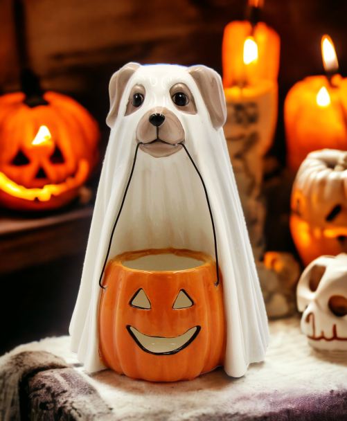 Ceramic Halloween Ghost Dog Holding Pumpkin Jack-O-Lantern T-light Candle Holder Home Décor Gift for Her Gift for Mom